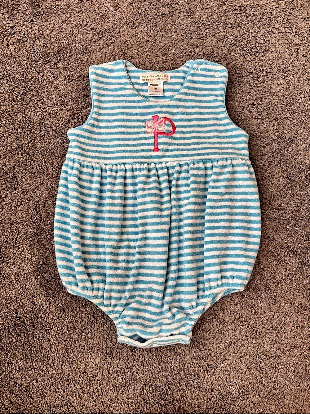 TBBC Bartlett Bubble Striped Romper Blue & White ‘P’ Monogrammed
